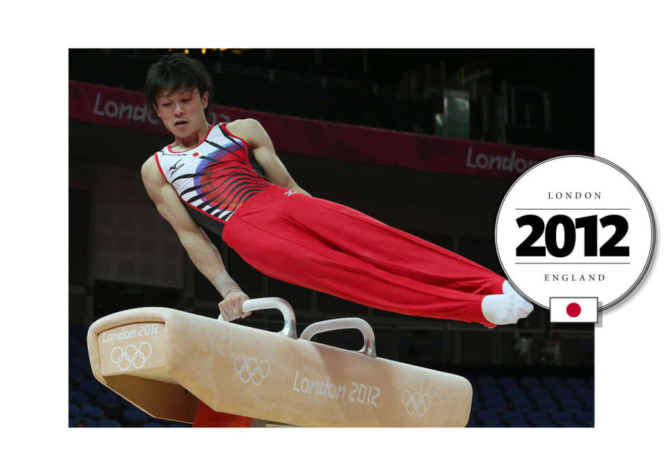 Japanese Kōhei Uchimura, considered by many to be the greatest male gymnast of all time, goes big with his gymnastics and his uniform in red pants and a patterned, tight singlet.  