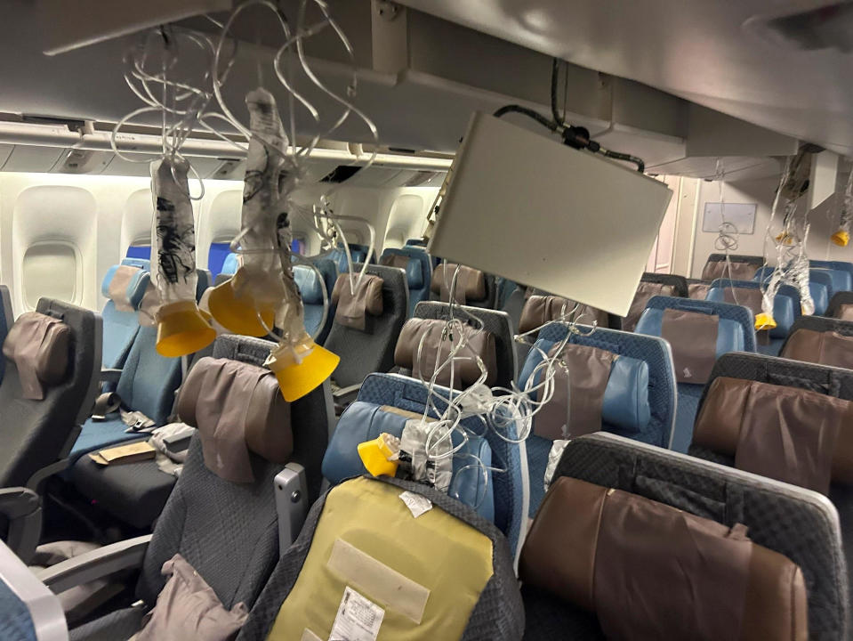 The interior of Singapore Airlines flight SQ321 is pictured after the flight was diverted to land at Bangkok's Suvarnabhumi International Airport in Thailand after encountering severe turbulence, May 21, 2024. / Credit: Reuters/Stringer