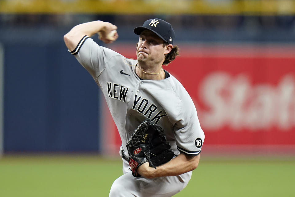 New York Yankees starting pitcher Gerrit Cole delivers to the Tampa Bay Rays during the fifth inning of a baseball game Thursday, July 29, 2021, in St. Petersburg, Fla. (AP Photo/Chris O'Meara)