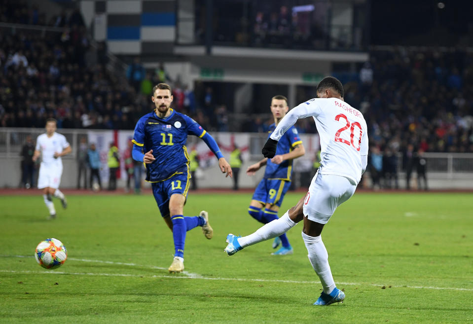 PRISTINA, KOSOVO - NOVEMBER 17:  Marcus Rashford of England scores his team's third goal during the UEFA Euro 2020 Qualifier between Kosovo and England at the Pristina City Stadium on November 17, 2019 in Pristina, Kosovo. (Photo by Michael Regan/Getty Images)