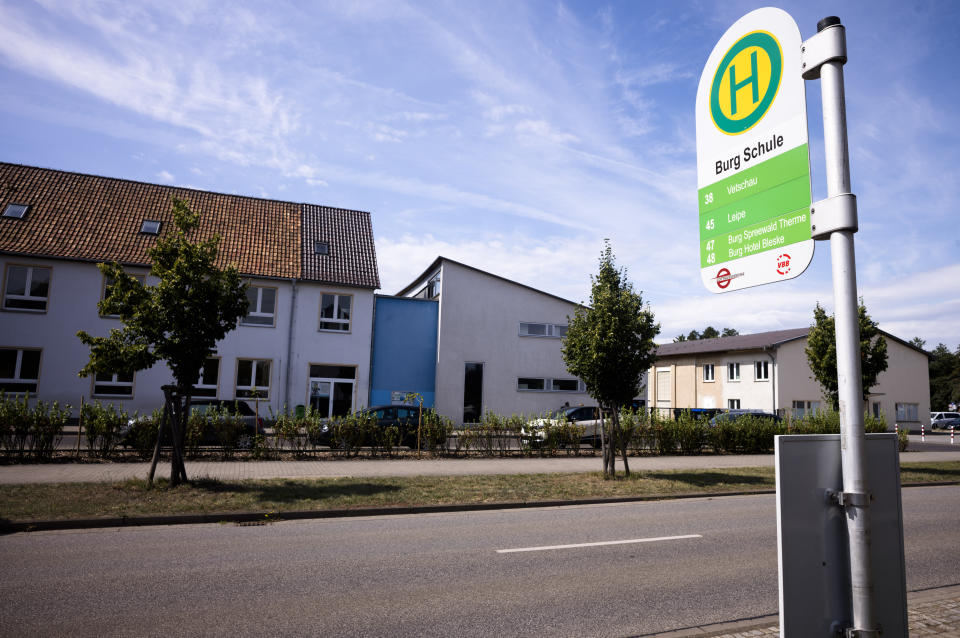 "Burg School" is written on the sign at the bus stop opposite the Mina Witkojc school in Burg (Spreewald), Germany, Wednesday, July 19, 2023. Two teachers in eastern Germany tried to counter the far-right activities of students at their small town high school. Disheartened by what they say was a lack of support from fellow educators, Laura Nickel and Max Teske decided to leave Mina Witkojc School in Burg. (AP Photo/Markus Schreiber)