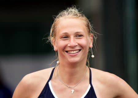 May 23, 2016; Paris,France; Myrtille Georges (FRA) celebrates match point during her during her match against Christina McHale (USA) on day two of the 2016 French Open at Roland Garros. Mandatory Credit: Susan Mullane-USA TODAY Sports