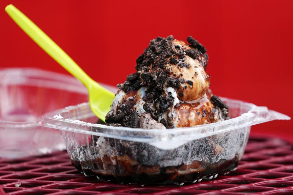 Skoops' Oreo funnel cake sundae is one of reporter Tawney Beans' favorite sweet treats in Barberton, Ohio.