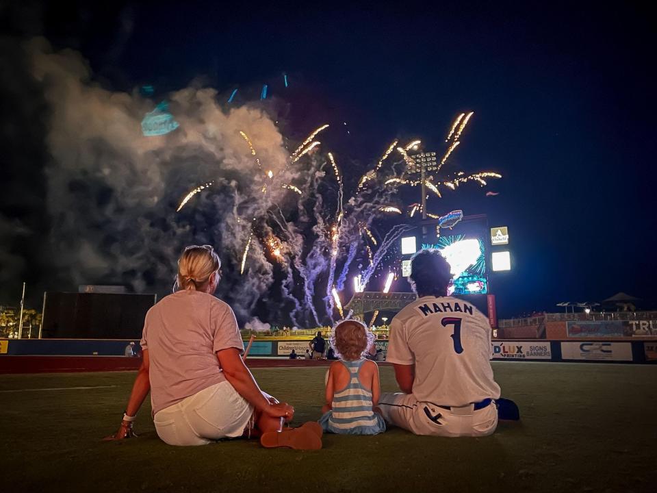 Families, friends and even Blue Wahoos players take in the firework action annually at Blue Wahoos Stadium.