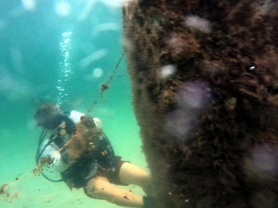 Bobby Wagner with the Divers Down Pollution Project removes fishing line from one of the concrete support pilings of the Okaloosa Fishing Pier Saturday morning. Wagner was among about 100 volunteer divers who collected 200 pounds of fishing line