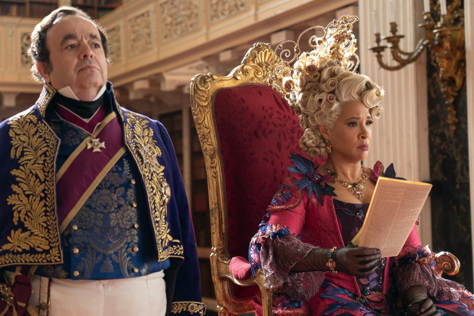 Hugh Sachs as Brimsley and Golda Rosheuvel as Queen Charlotte in episode seven of *Bridgerton* season 3.