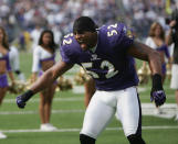 BALTIMORE - NOVEMBER 21: Linebacker Ray Lewis #52 of the Baltimore Ravens looks on before facing the Dallas Cowboys during the game at M&T Bank Stadium on November 21, 2004 in Baltimore, Maryland. The Ravens defeated the Cowboys 30-10. (Photo by Doug Pensinger/Getty Images)