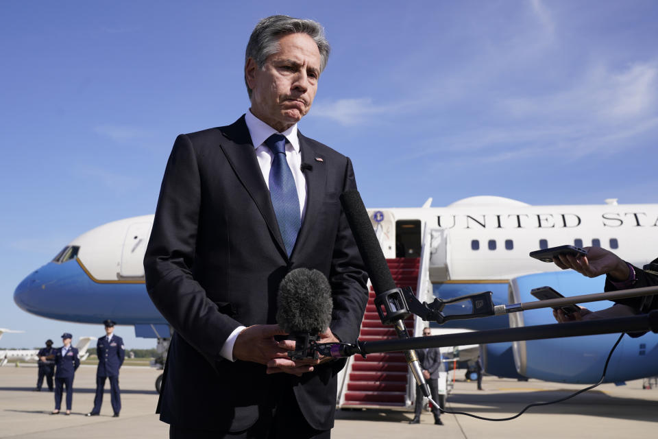 Secretary of State Antony Blinken speaks before boarding a plane, Wednesday Oct. 11, 2023, at Andrews Air Force Base, Md., en route to Israel. President Joe Biden is dispatching his top diplomat to Israel on an urgent mission to show U.S. support after the unprecedented attack by Hamas militants. (AP Photo/Jacquelyn Martin, Pool)