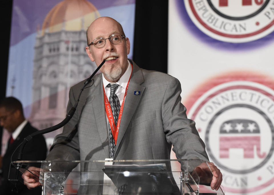 FILE - Joe Markley speaks after being nominated by the Republican party as their chosen candidate for lieutenant governor at the State Republican Convention, May 12, 2018, in Mashantucket, Conn. Connecticut's Supreme Court on Monday, May 20, 2024, ruled that state elections officials violated the constitutional free speech rights of two Republicans running for the state Legislature, including Markley, when it fined them thousands of dollars for criticizing the Democratic governor in ads paid for by their publicly funded campaigns in 2014. (AP Photo/Jessica Hill, File)