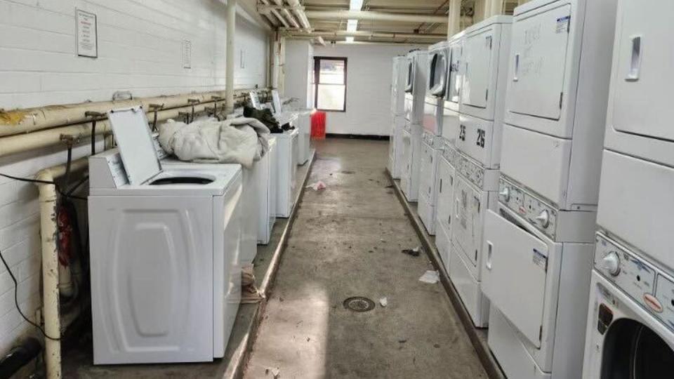 In the laundry room of the Lima Company barracks at School of Infantry-West, half of the machines weren't working on Monday, according to a Marine there. (Photo obtained by Marine Corps Times)