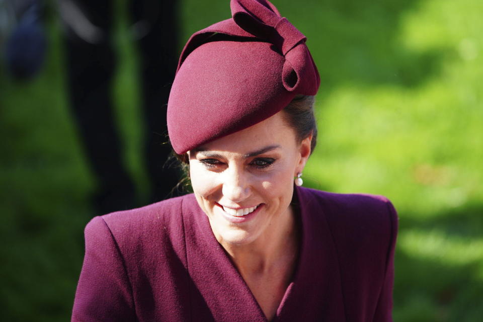 Britain's Kate, Princess of Wales, greets well wishers outside at St Davids Cathedral where she attended a commemoration on the first anniversary of Queen Elizabeth II's death, in St. Davids, Wales, Britain, Friday, Sept. 8, 2023. (Ben Birchall/PA via AP)