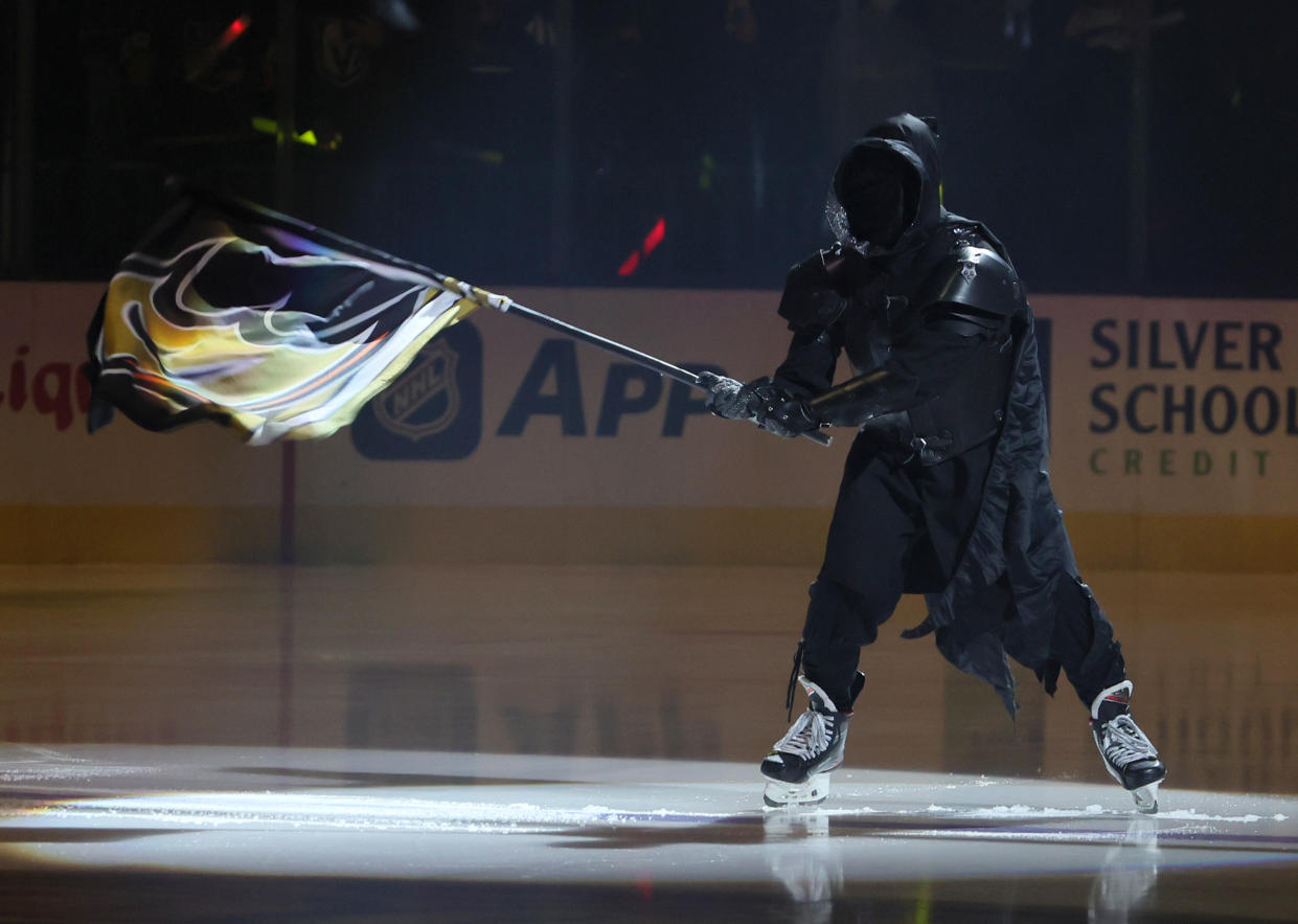 A character representing the Anaheim Ducks performs during a pregame show before a game between the Ducks and the Vegas Golden Knights at T-Mobile Arena on December 31, 2021 in Las Vegas, Nevada. (Photo by Ethan Miller/Getty Images)