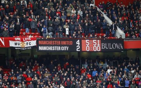 General view of the scoreboard at full time. Manchester United v Manchester City - Barclays Premier League - Old Trafford - 12/4/15. Reuters / Darren Staples Livepic