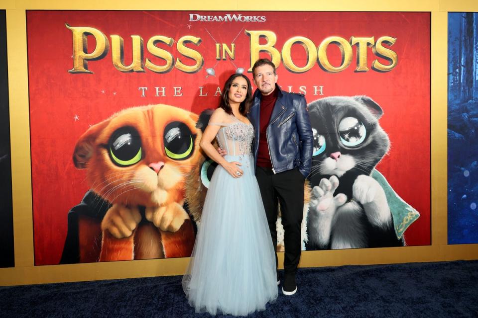 Salma Hayek Pinault and Antonio Banderas attending Puss In Boots: The Last Wish world premiere in December (Getty Images)