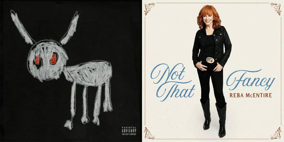 This combination of photos shows “For all the Dogs” by Drake, left, and "Not That Fancy" by Reba McEntire. (OVO-Republic/Universal Music Group via AP)