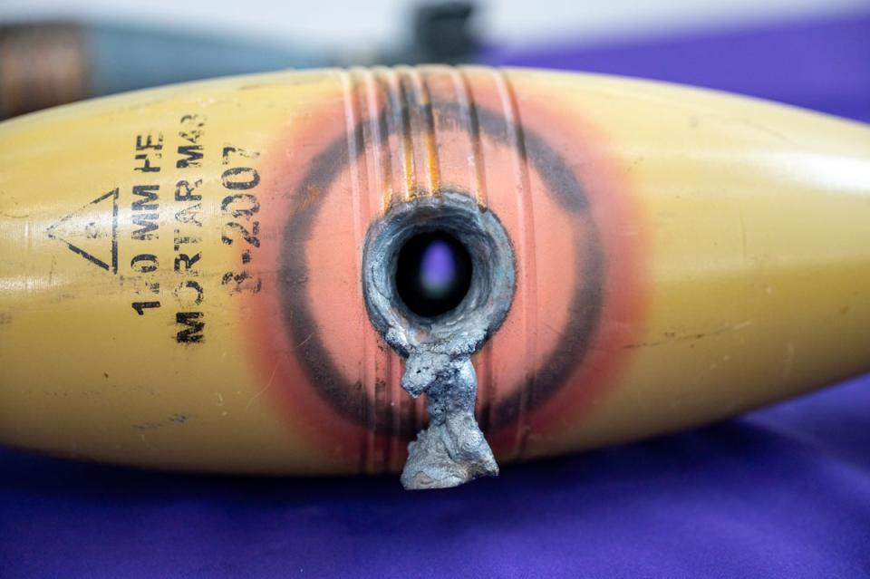 A mortar casing showing damage done by ‘DragonFire’ a British military laser (Ministry of Defence/Crown copyright/PA Wire)