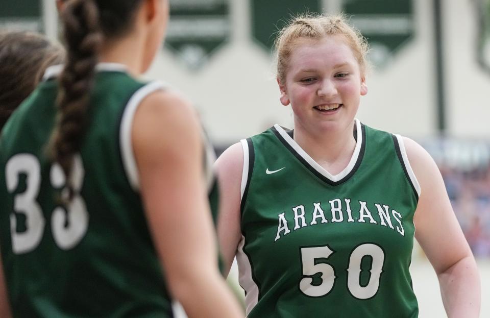 Pendleton Heights Arabians Adah Hupfer (50) walks off the court Wednesday, Jan. 31, 2024, during the game at Pendleton Heights High School in Pendleton.