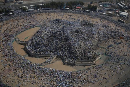 Muslim pilgrims gather on Mount Mercy on the plains of Arafat during the annual haj pilgrimage