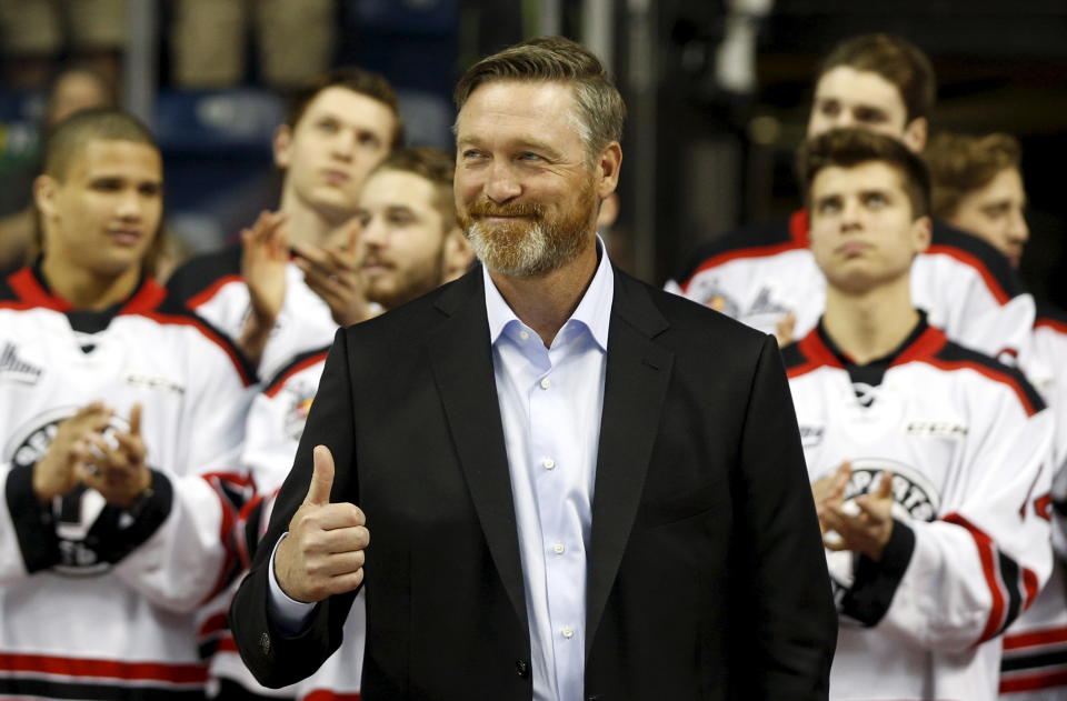 Colorado Avalanches head coach Patrick Roy gives a thumb up during a ceremony before the Memorial Cup hockey game between the Oshawa Generals and the Kelowna Rockets at the Colisee Pepsi in Quebec City, May 26, 2015. REUTERS/Mathieu Belanger