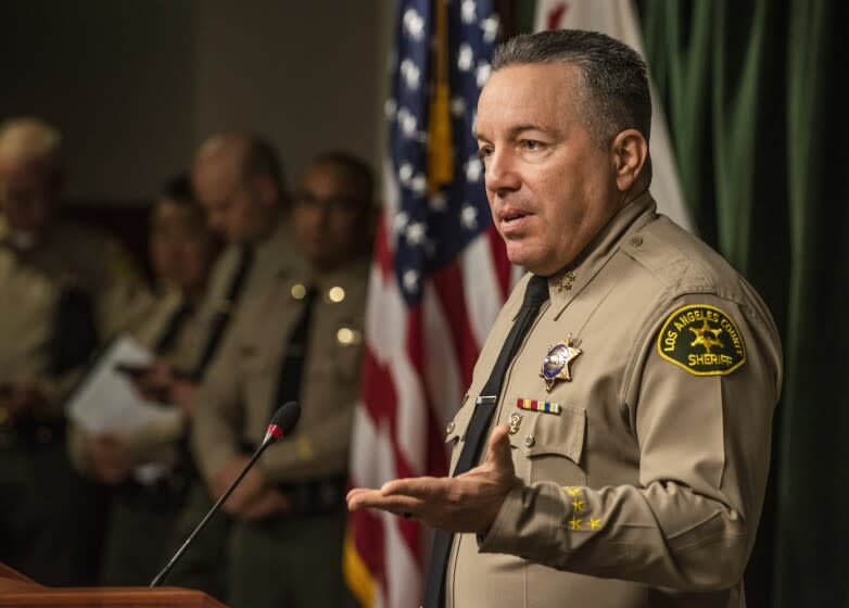 Los Angeles County Sheriff Alex Villanueva briefs the media about the latest safety precautions the department is taking regarding COVID-19 at the Hall of Justice in Los Angeles on Monday, March 16, 2020. ( Photo by Nick Agro / For The Times)