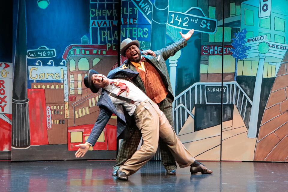 Lee Hollis Bussie, left, as Benny Southstreet, and Leon S. Pitts II as Nicely-Nicely Johnson in “Guys and Dolls” at the Westcoast Black Theatre Troupe.