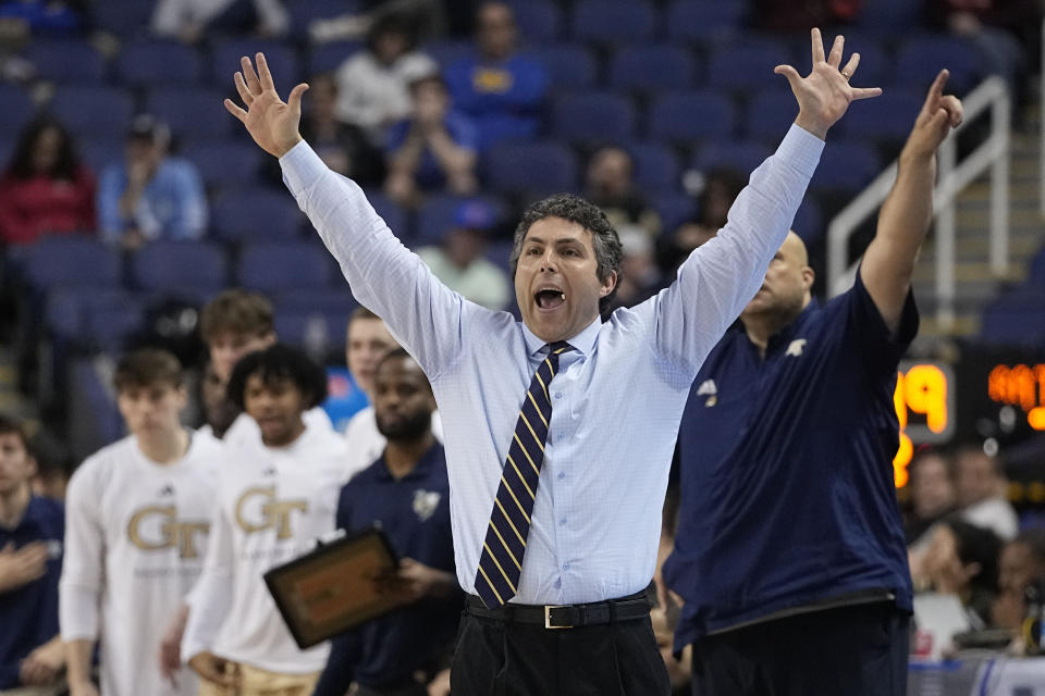 Georgia Tech head coach Josh Pastner yells during the second half of an NCAA college basketball game against Pittsburgh at the Atlantic Coast Conference Tournament, Wednesday, March 8, 2023, in Greensboro, N.C. (AP Photo/Chris Carlson)