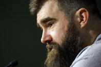 Philadelphia Eagles center Jason Kelce talks to the media before an NFL football workout, Thursday, Jan. 26, 2023, in Philadelphia. The Eagles are scheduled to play the San Francisco 49ers Sunday in the NFC championship game.(AP Photo/Chris Szagola)