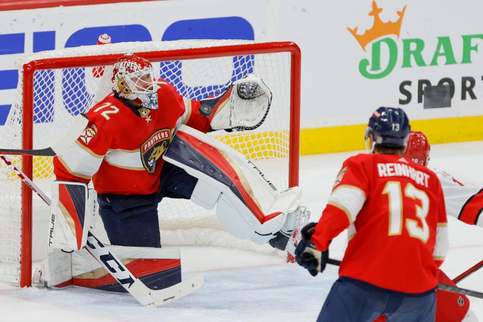 May 24, 2023; Sunrise, Florida, USA; Florida Panthers goaltender Sergei Bobrovsky (72) makes a save against the Carolina Hurricanes during the second period in game four of the Eastern Conference Finals of the 2023 Stanley Cup Playoffs at FLA Live Arena. Mandatory Credit: Sam Navarro-USA TODAY Sports