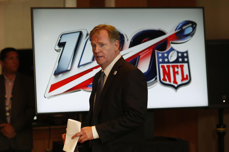 NFL Commissioner Roger Goodell arrives at a news conference after the NFL Fall league meeting, Wednesday, Oct. 16, 2019 in Fort Lauderdale, Fla. (AP Photo/Wilfredo Lee)