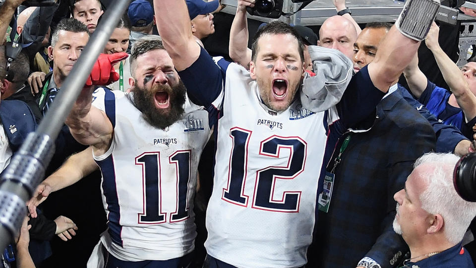 Julian Edelman and Tom Brady, pictured here celebrating at the end of Super Bowl LIII in 2019.