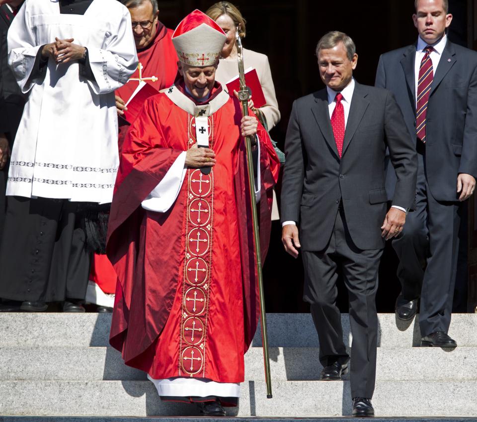 U.S. Supreme Court Chief Justice John G. Roberts walks down the steps of the Cathedral of St. Matthew the Apostle in Washington after the 60th annual Red Mass on Sept. 30, 2012. | Jose Luis Magana, Associated Press