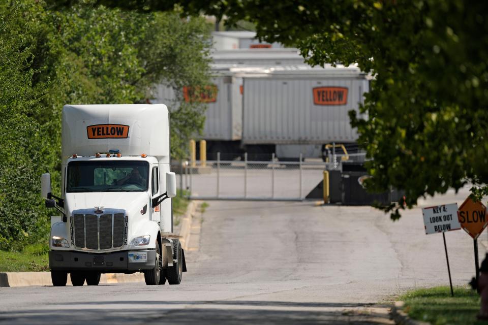 Yellow Corp. trucks are seen at a YRC Freight terminal Friday, July 28, 2023, in Kansas City, Mo. After years of financial struggles, Yellow is reportedly preparing for bankruptcy and seeing customers leave in large numbers — heightening risk for future liquidation. While no official decision has been announced by the company, the prospect of bankruptcy has renewed attention around Yellow's ongoing negotiations with unionized workers, a $700 million pandemic-era loan from the government and other bills the trucker has racked up over time. (AP Photo/Charlie Riedel)