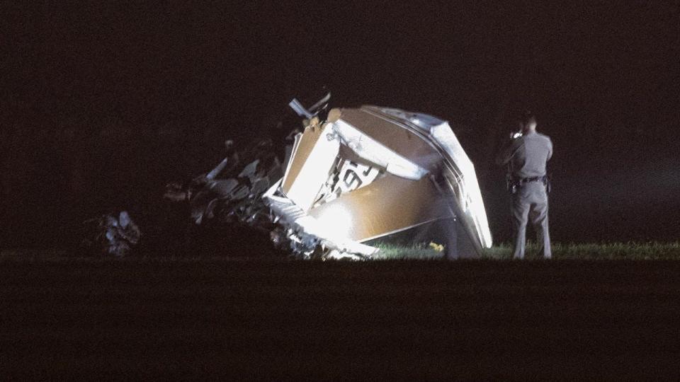 Detectives and deputies from the Tulare County Sheriff's Office are at the scene of the crash involving a small plane near Highway 99 in Visalia.