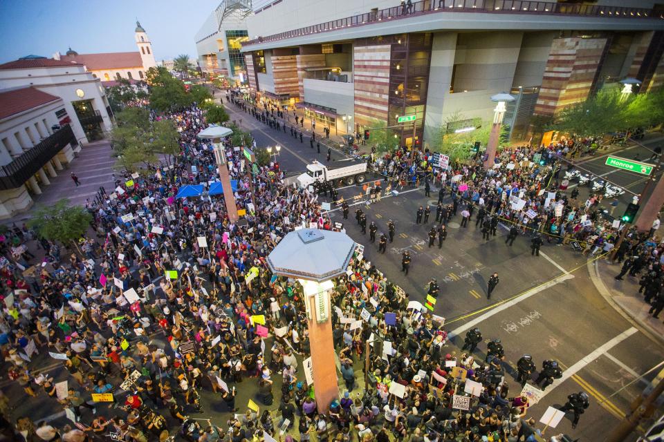 Protesters gather outside the Phoenix Convention Center Aug. 22, 2017, where President Trump is holding a rally.