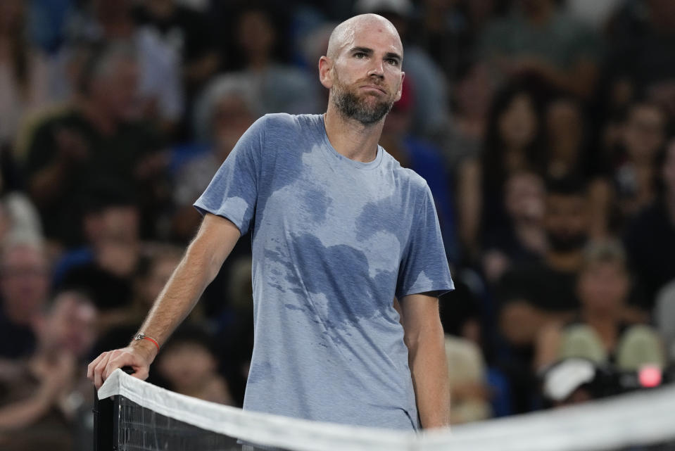 Adrian Mannarino of France reacts after losing a point to Norway's Casper Ruud during their United Cup quarterfinal tennis match in Sydney, Australia, Thursday, Jan. 4, 2024. (AP Photo/Mark Baker)