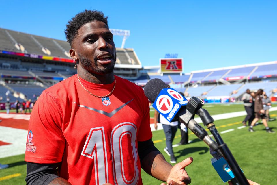 Feb 2, 2024; Orlando, FL, USA; Miami Dolphins wide receiver Tyreek Hill (10) participates in the AFC versus NFC Pro Bowl practice and media day at Camping World Stadium. Mandatory Credit: Nathan Ray Seebeck-USA TODAY Sports