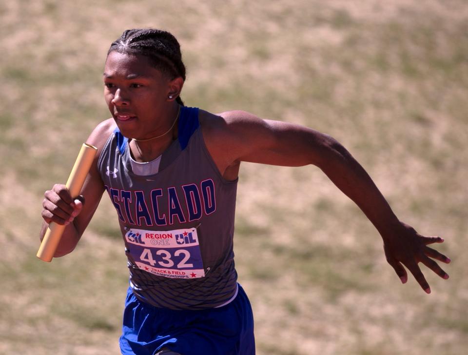 Estacado's Donivan Torrez runs in the 800-meter relay during the Region I-4A track and field meet, Saturday, April 29, 2023, at Lowrey Field.