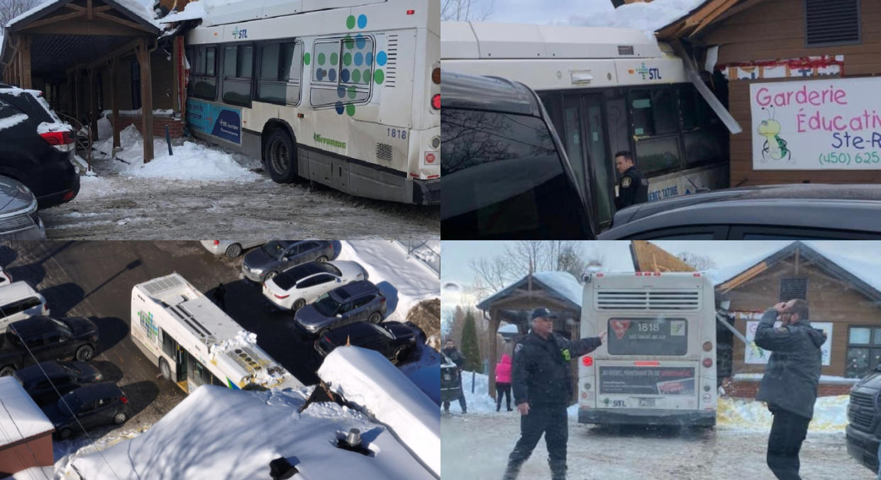 Photos of a Laval city bus crashed into a daycare building.
