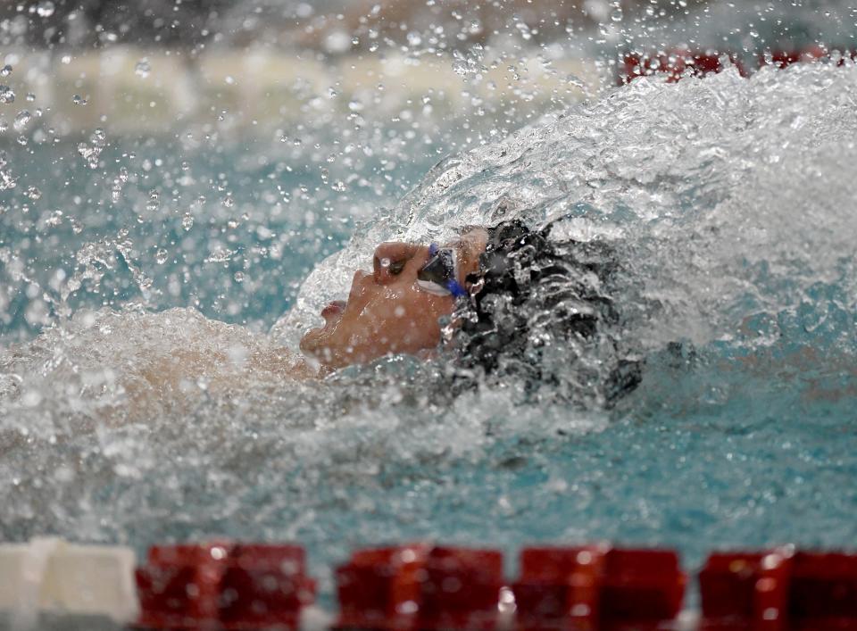 Hoover’s Peter Helmuth competes in Boys 100 Yard Backstroke in 2024 OHSAA Division I State Swimming Prelims at C.T. Branin Natatorium in Canton. Friday, February 23, 2024.