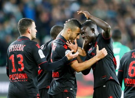 Football Soccer - St. Etienne v Nice - French Ligue 1 - Geoffroy Guichard stadium, Saint-Etienne, France - 20/11/2016. Nice's Valentin Esseyric (L) and team mates after scoring against St. EtienneREUTERS/Robert Pratta -