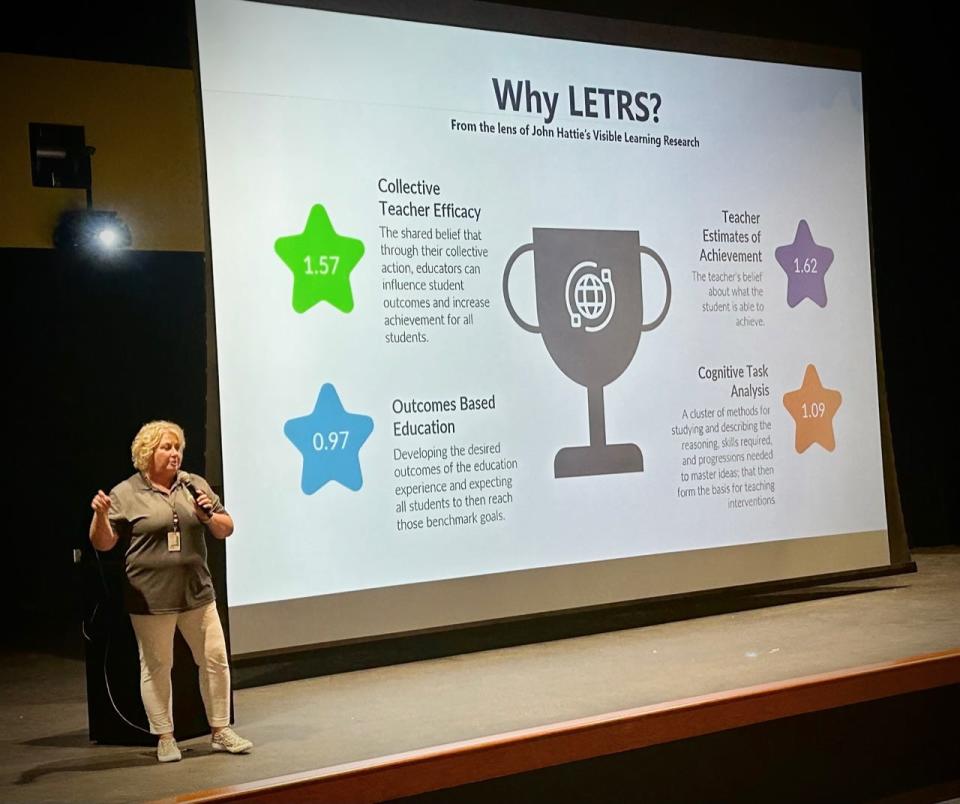 SCCPSS Director of Curriculum Programming Andrea Burkiett guides audience of educators at Beach High School's auditorium through LETRS training overview on Friday Oct. 6, 2023 at Literacy Kickoff event.