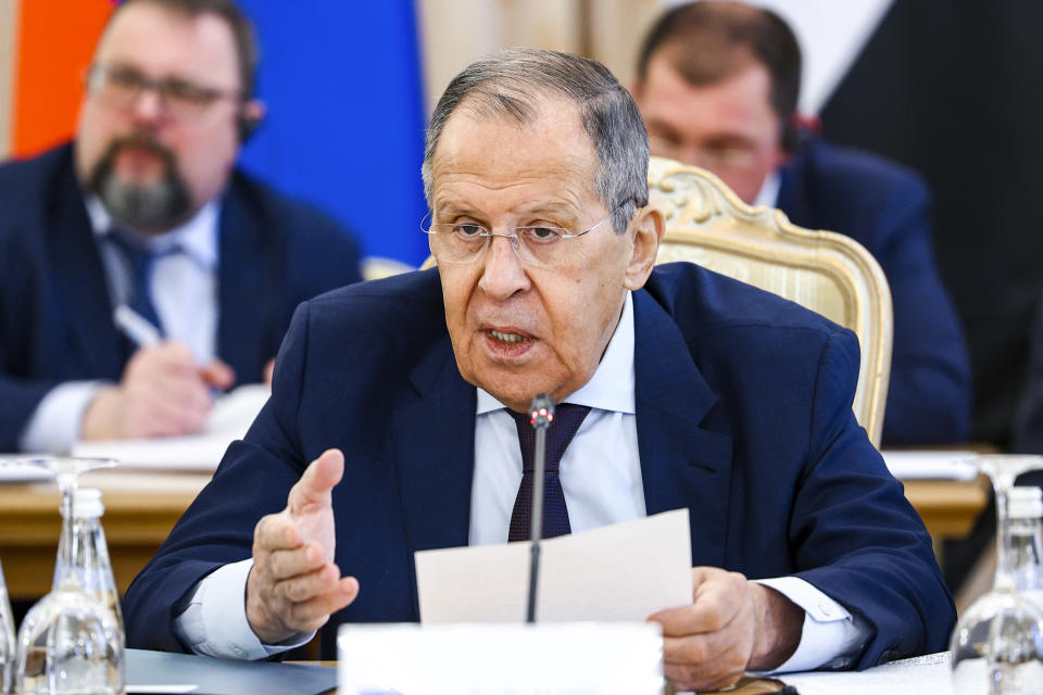 In this photo released by the Russian Foreign Ministry Press Service, Russia's Foreign Minister Sergey Lavrov gestures while speaking during the foreign ministers of Russia, Syria, Turkey, and Iran meeting in Moscow, Russia, Wednesday, May 10, 2023. (Russian Foreign Ministry Press Service via AP)