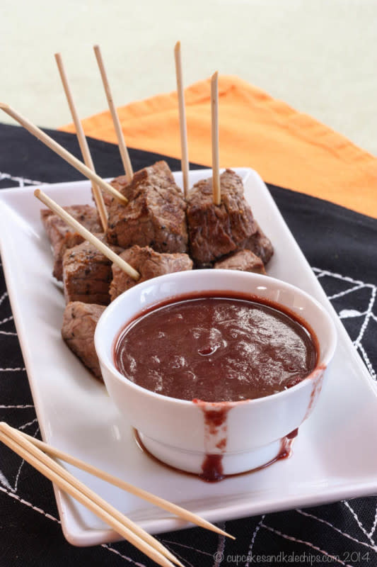 <p>Cupcakes & Kale Chips</p><p>Stab a skewer into chunks of meat and drown it in an oozy red puddle.</p><p><strong>Get the recipe: <a href="http://cupcakesandkalechips.com/steak-bites-bloody-maria-dipping-sauce/" rel="nofollow noopener" target="_blank" data-ylk="slk:Steak Bites with Bloody Maria Dipping Sauce;elm:context_link;itc:0;sec:content-canvas" class="link rapid-noclick-resp">Steak Bites with Bloody Maria Dipping Sauce</a></strong></p>