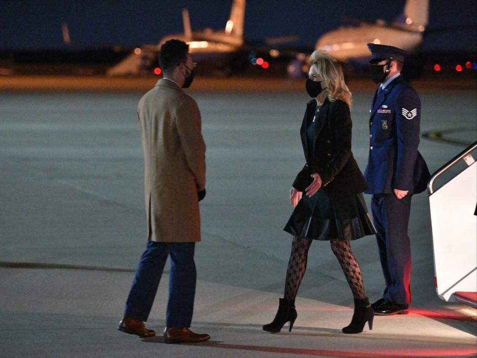 Jill Biden faced controversy over her ‘fishnet’ stockings (POOL/AFP via Getty Images)