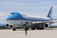 Airforce One with US president Joe Biden arriving in Geneva, Switzerland, Tuesday, June 15, 2021 one day before the US - Russia summit. The meeting between US President Joe Biden and Russian President Vladimir Putin is scheduled in Geneva for Wednesday, June 16, 2021. (Martial Trezzini/Keystone via AP, Pool)