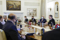 India's Foreign Minister Subrahmanyam Jaishankar, second left, and U.S. Secretary of State Antony Blinken, right, deliver opening remarks as they sit down to meet at Hyderabad House in New Delhi, India Wednesday, July 28, 2021. (Jonathan Ernst/Pool Photo via AP)