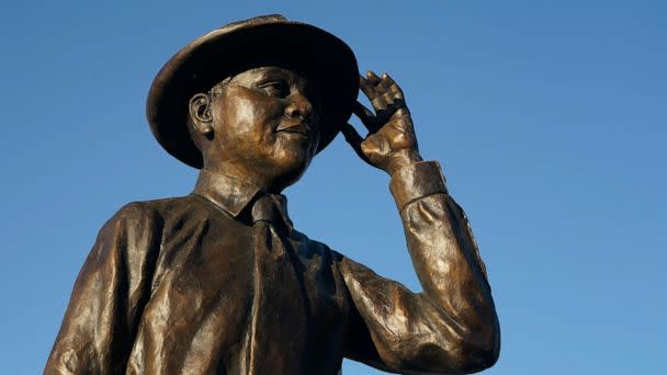 PHOTO: Emmett Till's statue reflects the afternoon sun, during its unveiling, Friday, Oct. 21, 2022 in Greenwood, Miss.  (AP Photo/Rogelio V. Solis) (Rogelio V. Solis/AP)