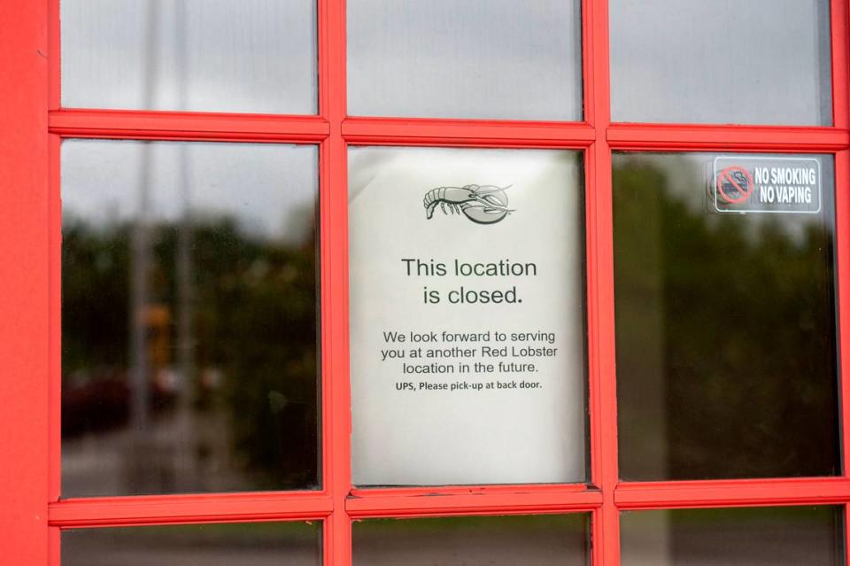 A closed sign in the window at Red Lobster in D’Iberville on Monday, May 13, 2024.