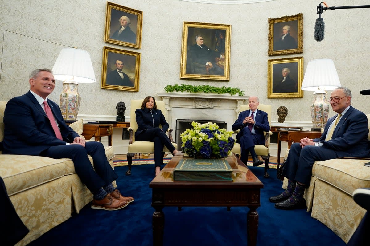 President Joe Biden and Vice President Kamala Harris meet with House Speaker Kevin McCarthy of Calif., and Senate Majority Leader Chuck Schumer of N.Y., in the Oval Office of the White House, Tuesday, May 16, 2023, in Washington. (AP Photo/Evan Vucci) (AP)