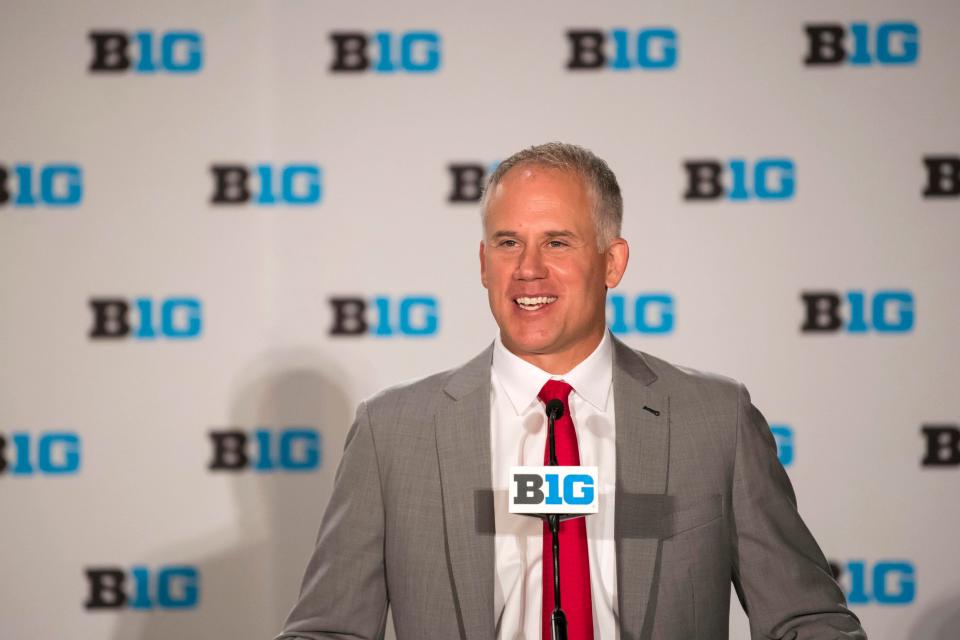 Jul 24, 2018; Chicago, IL, USA; Maryland head coach DJ Durkin addresses the media during the Big Ten football media day at Chicago Marriott Downtown Magnificent Mile. Mandatory Credit: Patrick Gorski-USA TODAY Sports